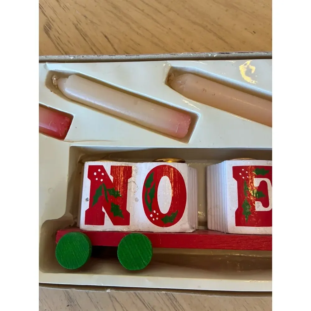 Vintage 80s Christmas Wooden TRAIN Candles Noel Angel Holiday In Original Box